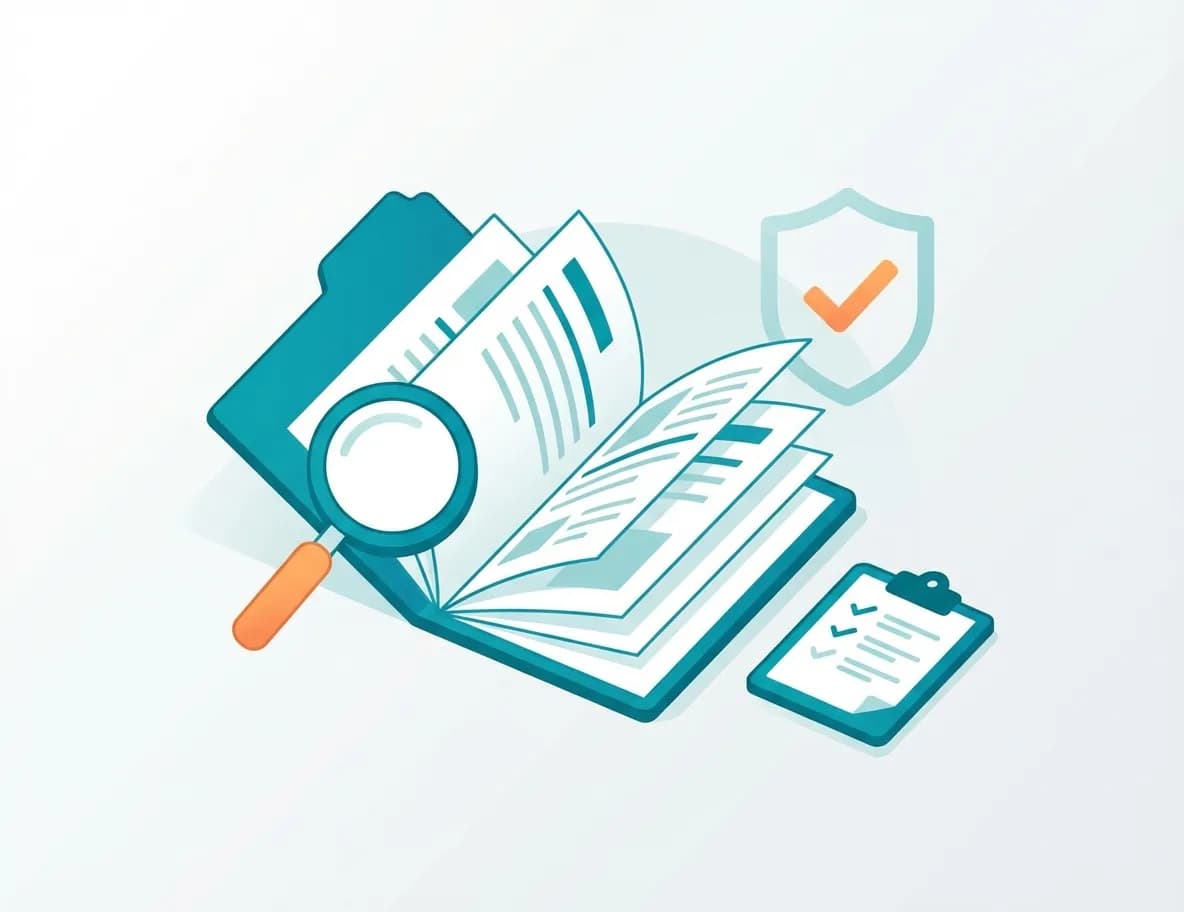 DOT audit illustration: file folder, magnifying glass, clipboard, compliance shield