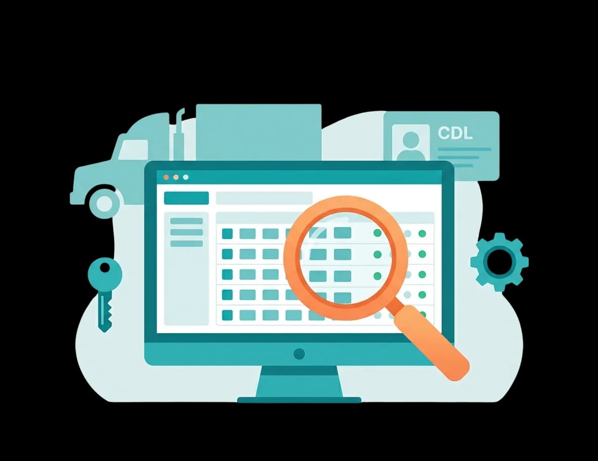 FMCSA Clearinghouse illustration: driver registry, query magnifier, CDL card, account key