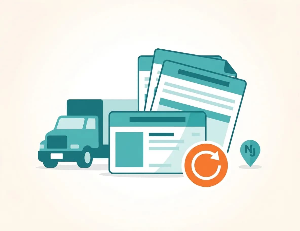 Commercial DMV illustration: truck, registration card, renewal icon, NJ pin