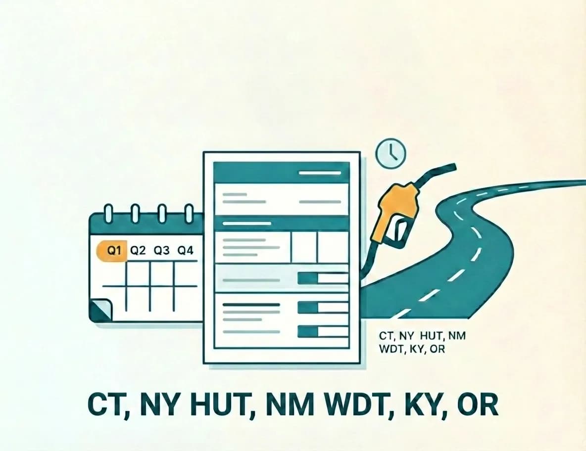 Quarterly filings illustration: Q1–Q4 calendar, tax form, fuel pump, road