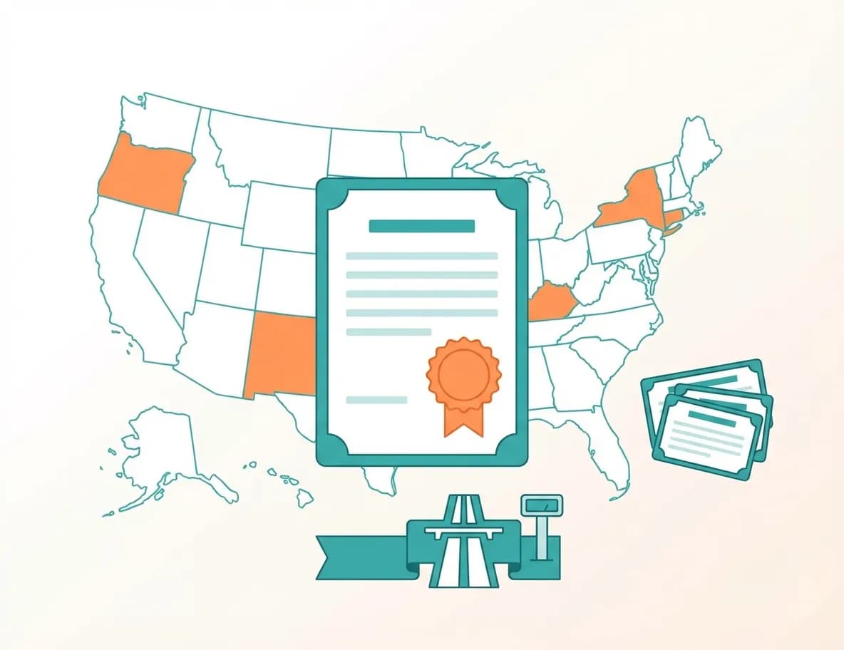 State permits illustration: U.S. map with NY/OR/NM/KY/CT highlighted, certificate, decals, weigh station