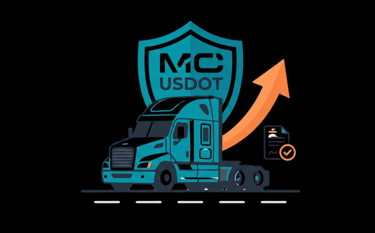 Operating authority illustration: USDOT/MC shield, branded truck, growth arrow