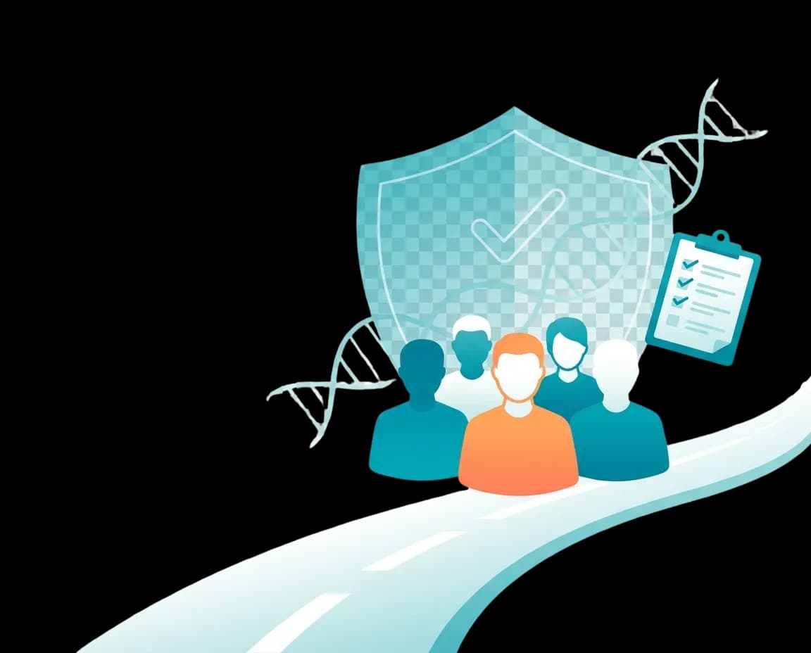 Drug & alcohol consortium illustration: drivers, shield, DNA helix